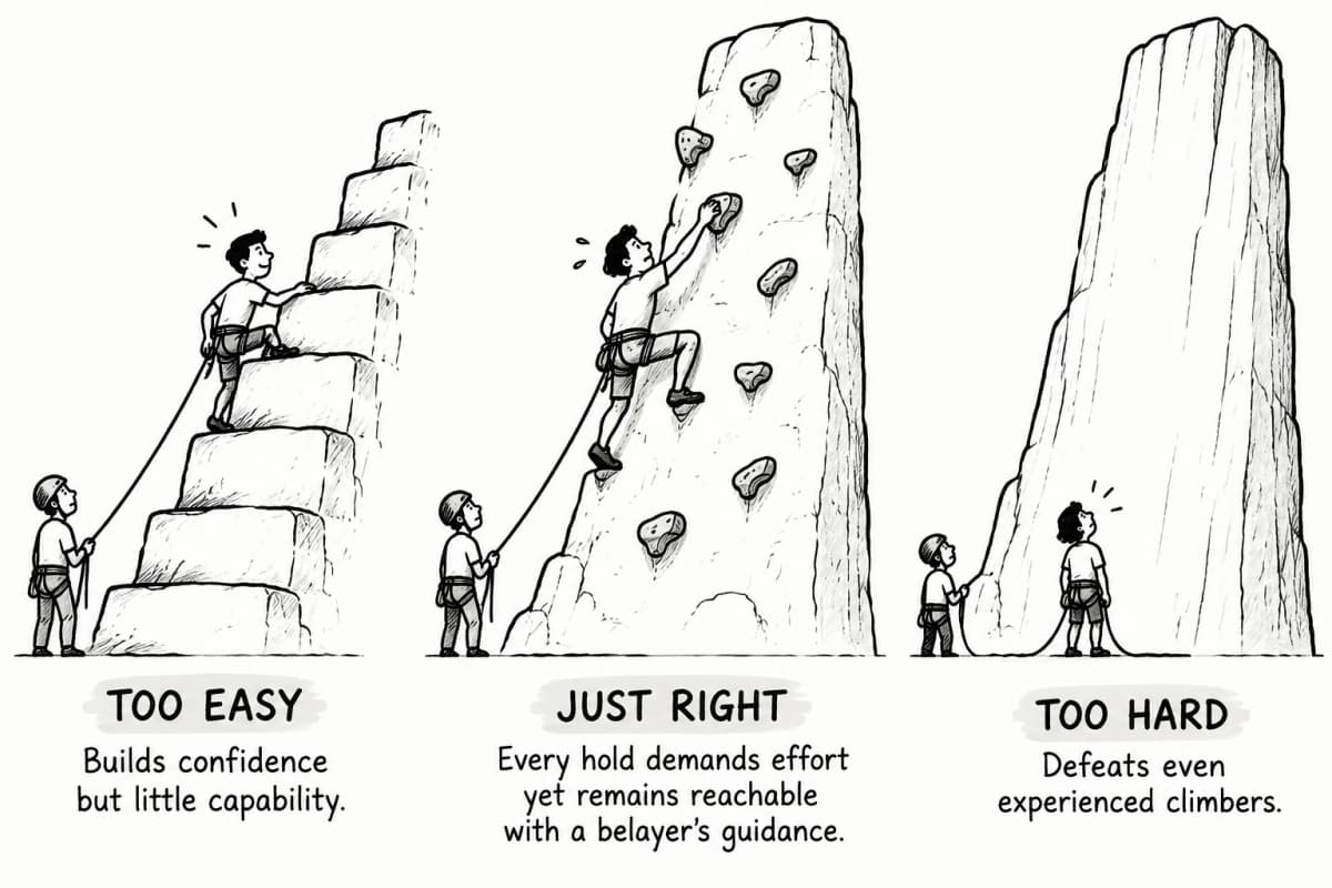 An rock climbing illustration of the zone of proximal development, scaffolding, dynamic assessment, and guided support.